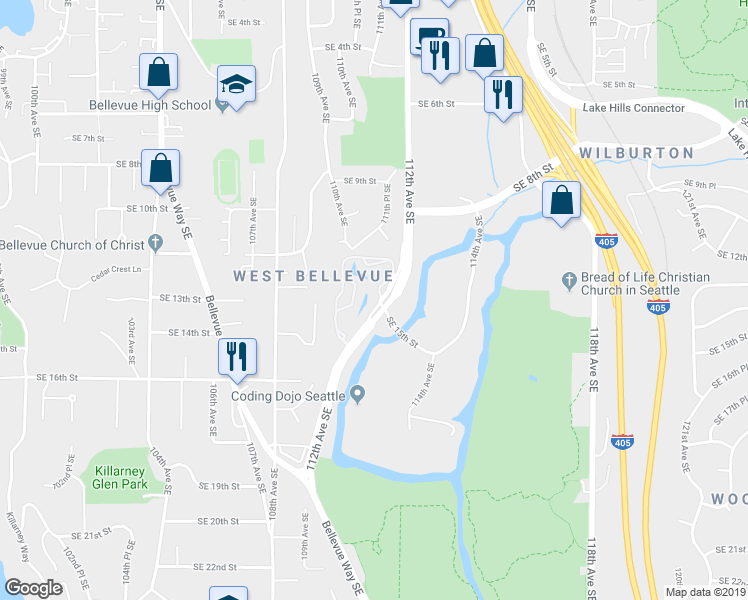 map of restaurants, bars, coffee shops, grocery stores, and more near 1122 Bellefield Park Lane in Bellevue
