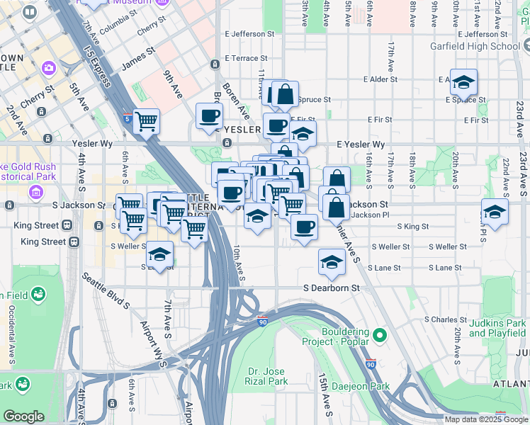 map of restaurants, bars, coffee shops, grocery stores, and more near 1207 South Jackson Street in Seattle