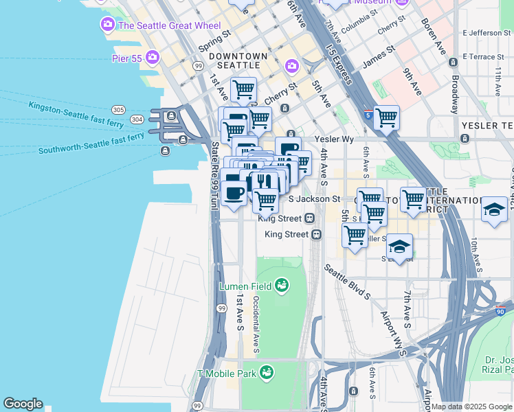 map of restaurants, bars, coffee shops, grocery stores, and more near in Seattle