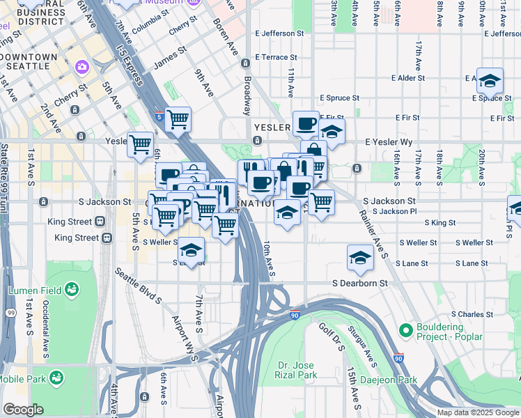 map of restaurants, bars, coffee shops, grocery stores, and more near 925 South Jackson Street in Seattle
