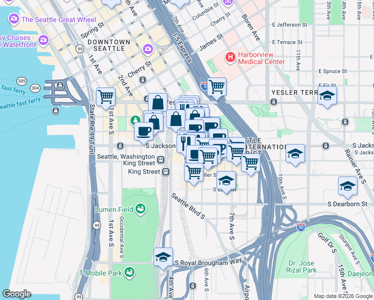 map of restaurants, bars, coffee shops, grocery stores, and more near 5th Avenue South in Seattle
