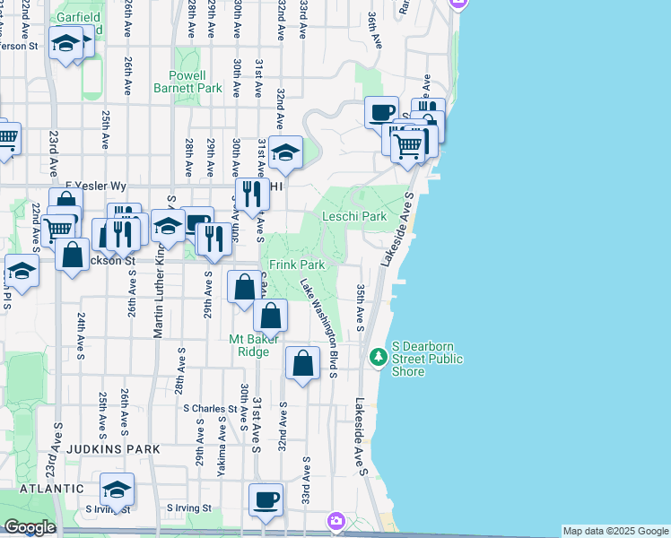 map of restaurants, bars, coffee shops, grocery stores, and more near 406 Lake Washington Boulevard South in Seattle