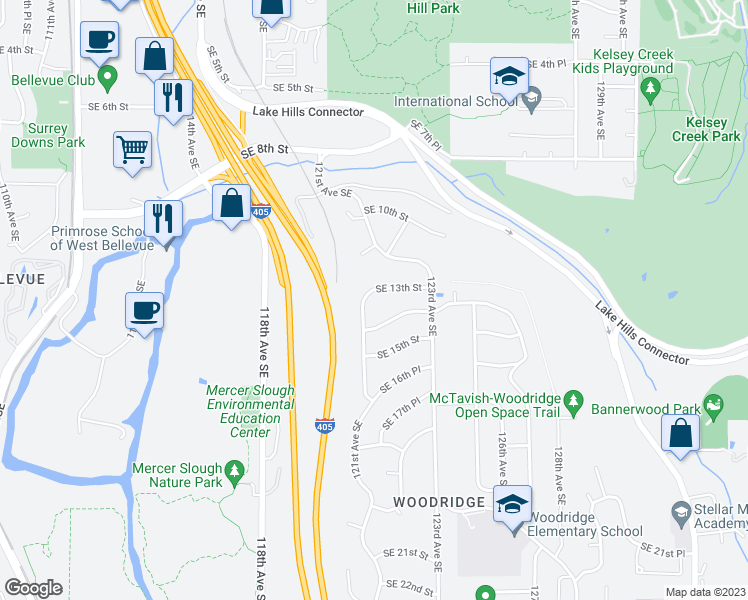 map of restaurants, bars, coffee shops, grocery stores, and more near 1310 121st Avenue Southeast in Bellevue