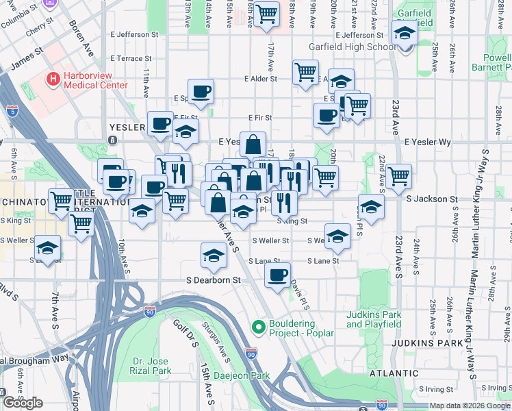 map of restaurants, bars, coffee shops, grocery stores, and more near 1600 South Jackson Street in Seattle