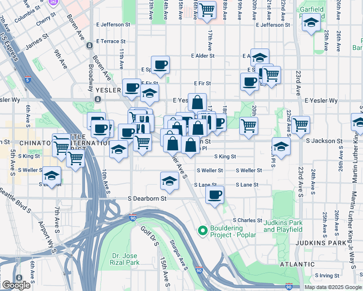 map of restaurants, bars, coffee shops, grocery stores, and more near 1428 South Jackson Street in Seattle
