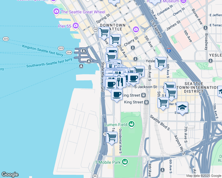 map of restaurants, bars, coffee shops, grocery stores, and more near in Seattle