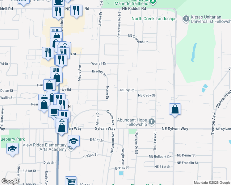 map of restaurants, bars, coffee shops, grocery stores, and more near 1524 Ivy Road in Bremerton
