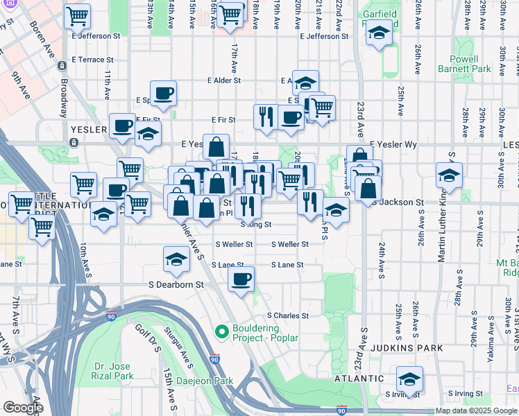 map of restaurants, bars, coffee shops, grocery stores, and more near 1800A South Jackson Street in Seattle