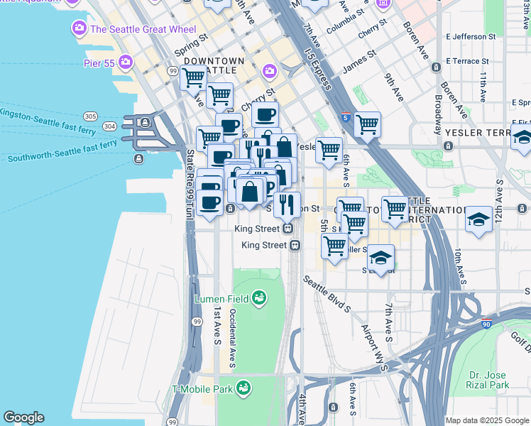 map of restaurants, bars, coffee shops, grocery stores, and more near 201 South Jackson Street in Seattle