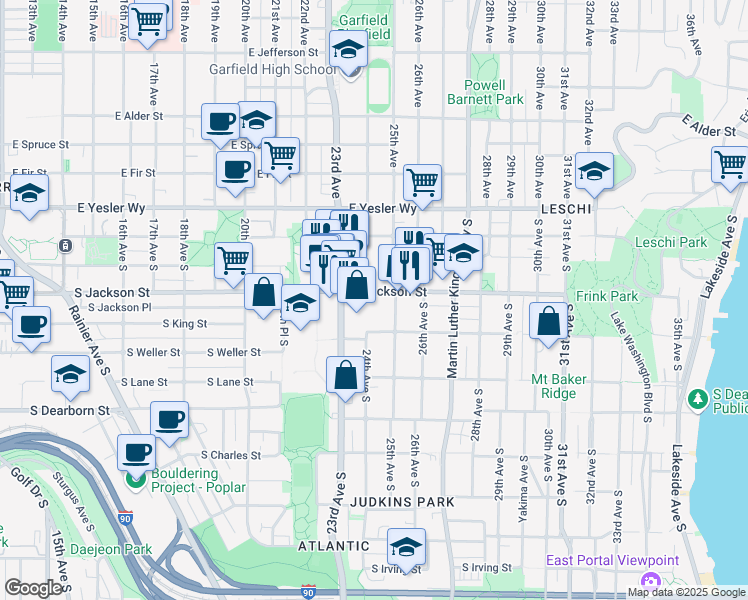 map of restaurants, bars, coffee shops, grocery stores, and more near 2400 South Jackson Street in Seattle