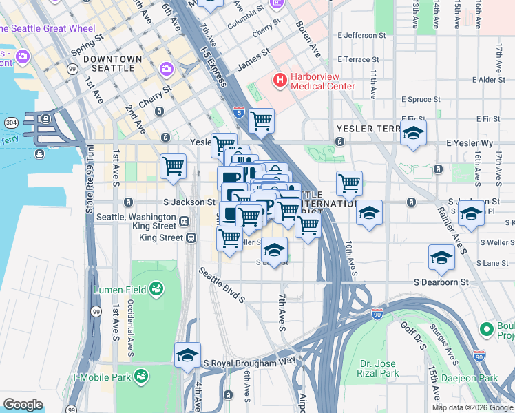 map of restaurants, bars, coffee shops, grocery stores, and more near 621 South Jackson Street in Seattle