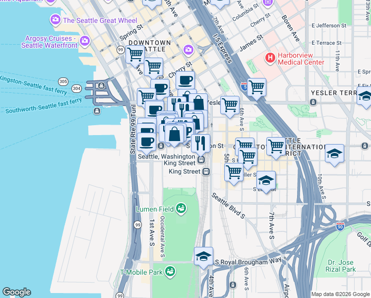 map of restaurants, bars, coffee shops, grocery stores, and more near 201 South Jackson Street in Seattle