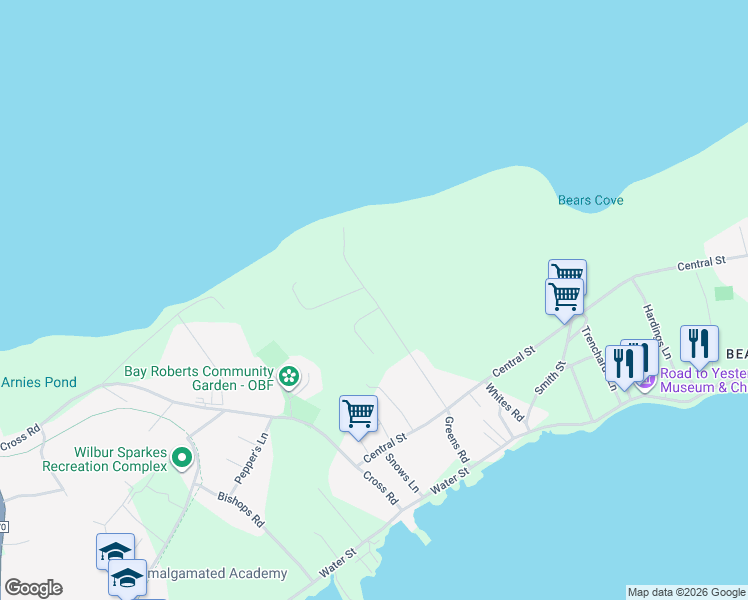 map of restaurants, bars, coffee shops, grocery stores, and more near 88 Greens Road in Bay Roberts