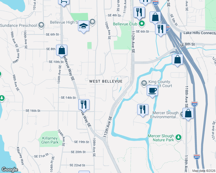 map of restaurants, bars, coffee shops, grocery stores, and more near 1228 109th Avenue Southeast in Bellevue