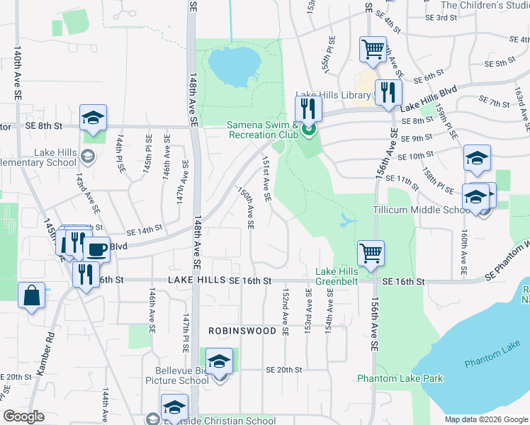 map of restaurants, bars, coffee shops, grocery stores, and more near 1218 150th Avenue Southeast in Bellevue