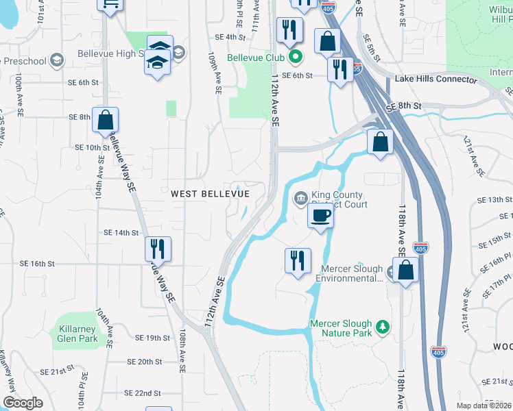 map of restaurants, bars, coffee shops, grocery stores, and more near 1122 Bellefield Park Lane in Bellevue