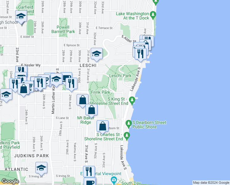 map of restaurants, bars, coffee shops, grocery stores, and more near 406 Lake Washington Boulevard South in Seattle
