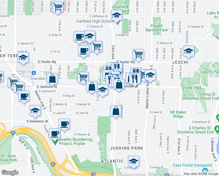 map of restaurants, bars, coffee shops, grocery stores, and more near in Seattle