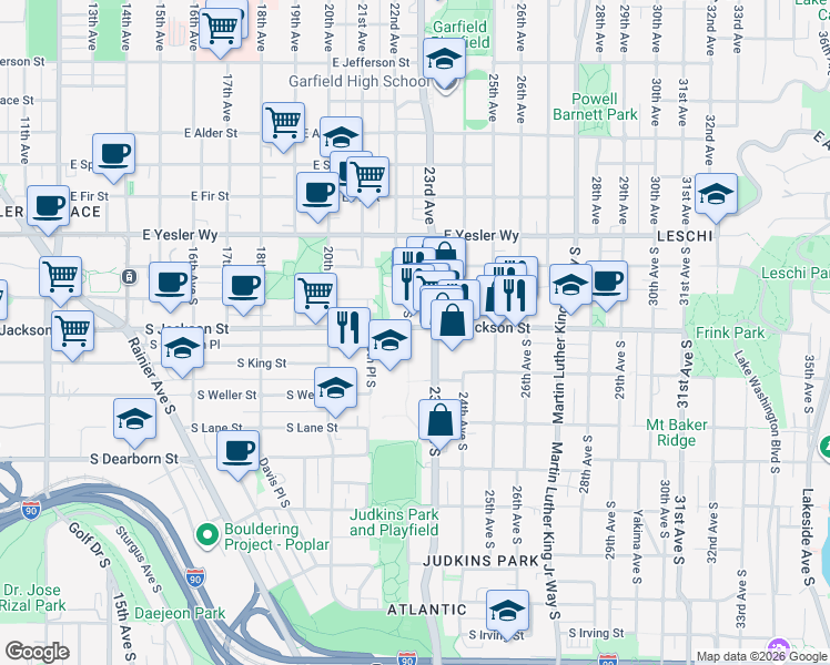 map of restaurants, bars, coffee shops, grocery stores, and more near 2201 South Jackson Street in Seattle