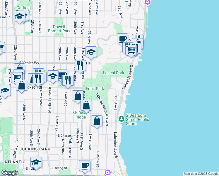 map of restaurants, bars, coffee shops, grocery stores, and more near 406 Lake Washington Boulevard South in Seattle