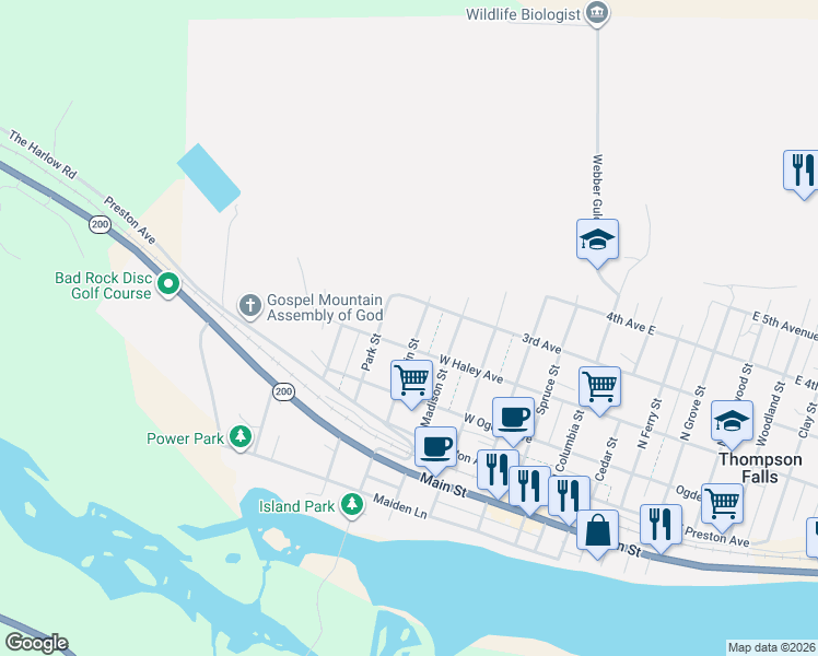 map of restaurants, bars, coffee shops, grocery stores, and more near 317 Gallatin St in Thompson Falls