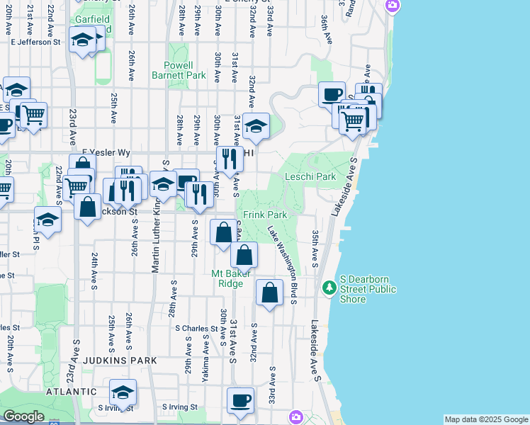 map of restaurants, bars, coffee shops, grocery stores, and more near 398 Lake Washington Boulevard South in Seattle