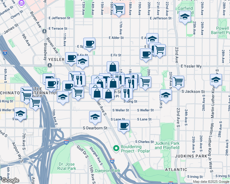 map of restaurants, bars, coffee shops, grocery stores, and more near South Jackson Street in Seattle
