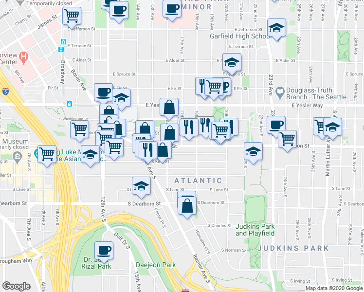 map of restaurants, bars, coffee shops, grocery stores, and more near S Jackson St & 17th Ave S in Seattle