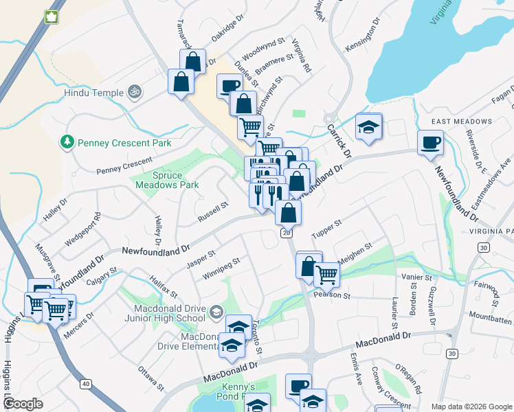 map of restaurants, bars, coffee shops, grocery stores, and more near 4 Stirling Crescent in St. John's