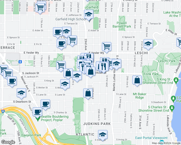 map of restaurants, bars, coffee shops, grocery stores, and more near 2400 South Jackson Street in Seattle