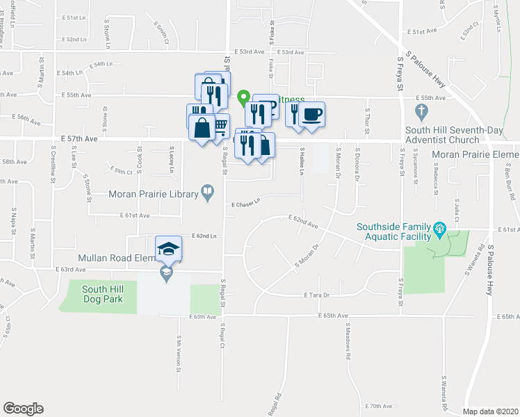 map of restaurants, bars, coffee shops, grocery stores, and more near 3015 East 62nd Avenue in Spokane