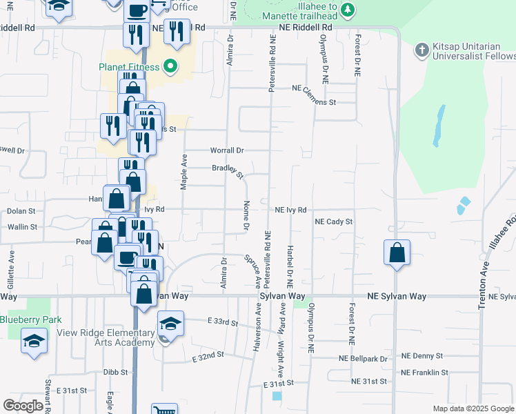 map of restaurants, bars, coffee shops, grocery stores, and more near 1524 Ivy Road in Bremerton
