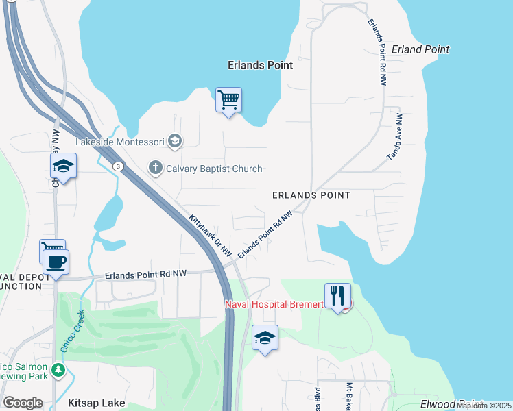map of restaurants, bars, coffee shops, grocery stores, and more near 2850 Erlands Point Road Northwest in Bremerton