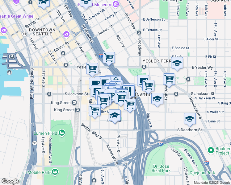 map of restaurants, bars, coffee shops, grocery stores, and more near 670 South Jackson Street in Seattle