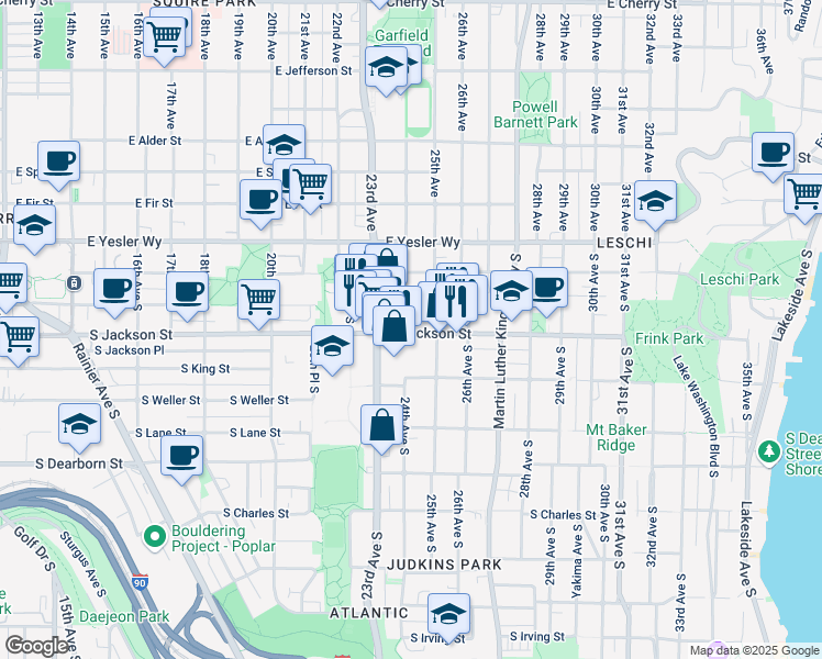 map of restaurants, bars, coffee shops, grocery stores, and more near 2401 South Jackson Street in Seattle