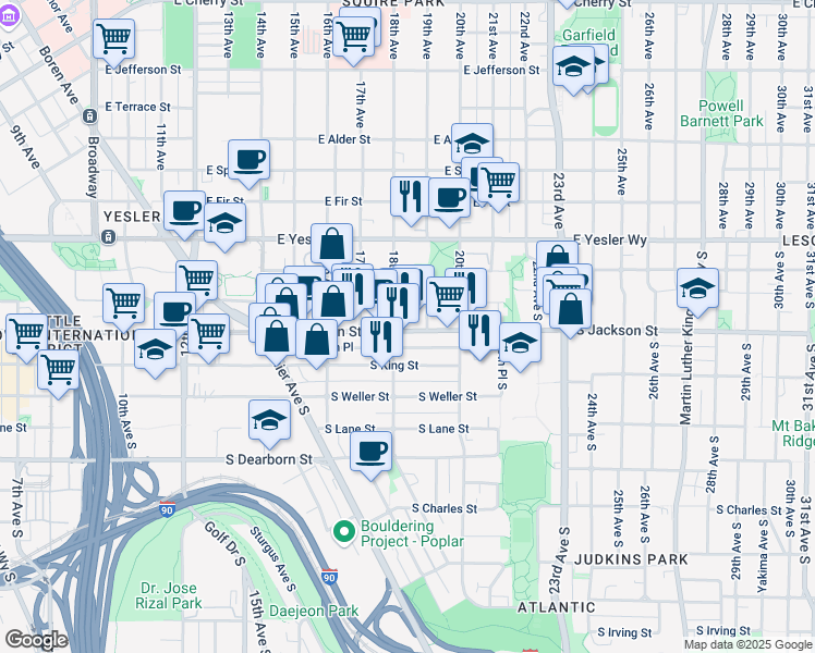 map of restaurants, bars, coffee shops, grocery stores, and more near 1800A South Jackson Street in Seattle