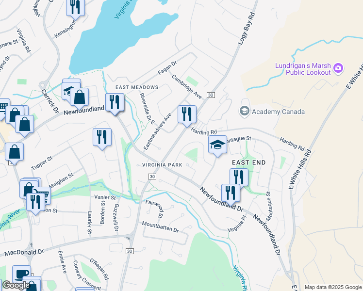 map of restaurants, bars, coffee shops, grocery stores, and more near 40 Rutledge Crescent in St. John's