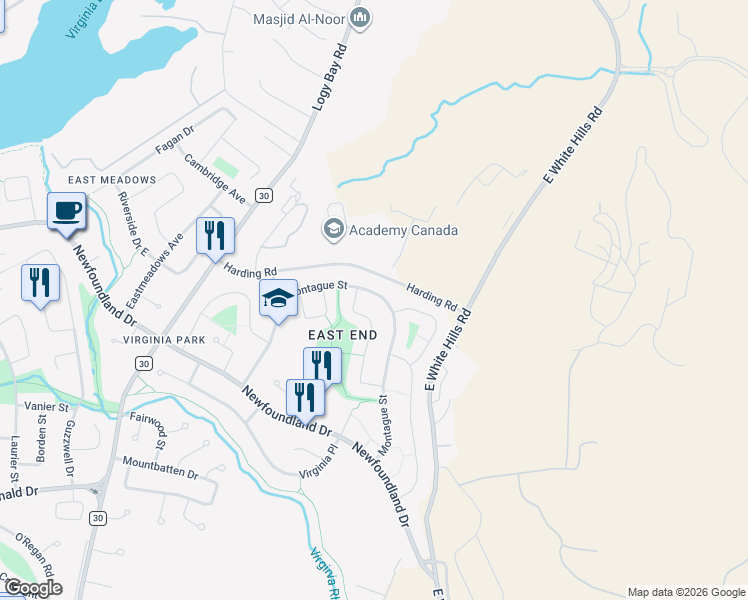 map of restaurants, bars, coffee shops, grocery stores, and more near 85 Montague Street in St. John's