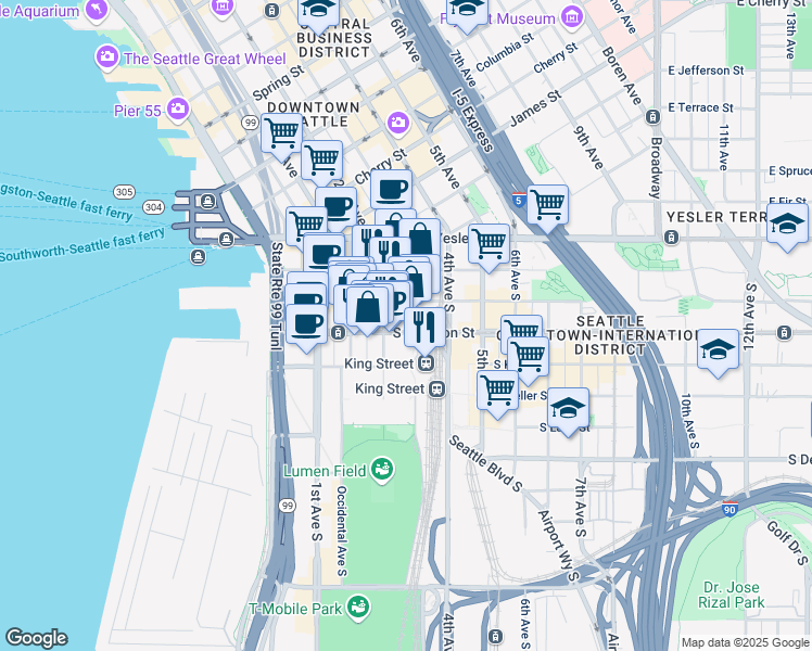 map of restaurants, bars, coffee shops, grocery stores, and more near 210 South Jackson Street in Seattle