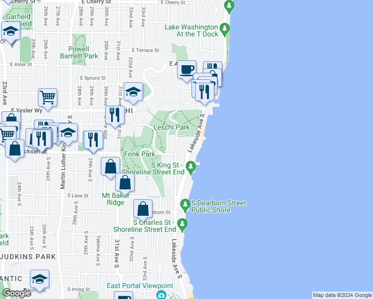 map of restaurants, bars, coffee shops, grocery stores, and more near 3509 South Leschi Place in Seattle