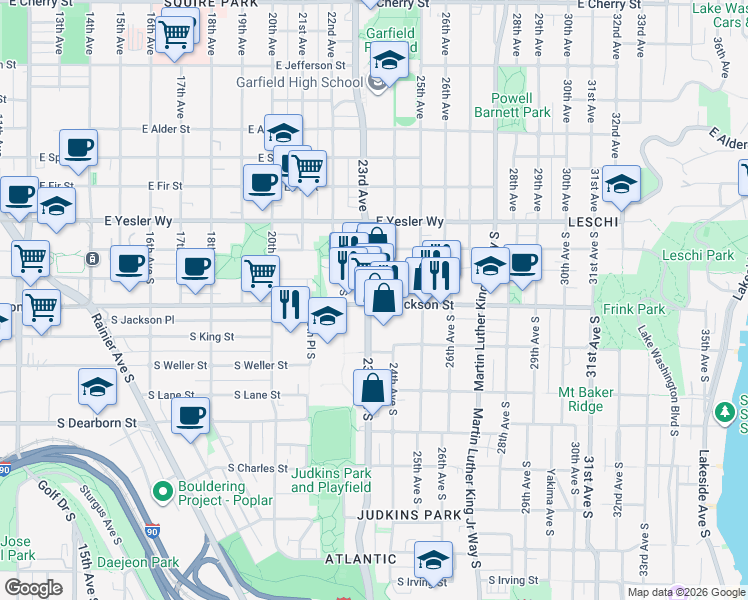 map of restaurants, bars, coffee shops, grocery stores, and more near 2307 South Jackson Street in Seattle