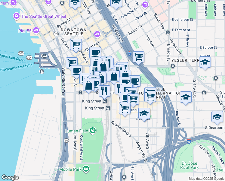 map of restaurants, bars, coffee shops, grocery stores, and more near 620 4th Avenue South in Seattle