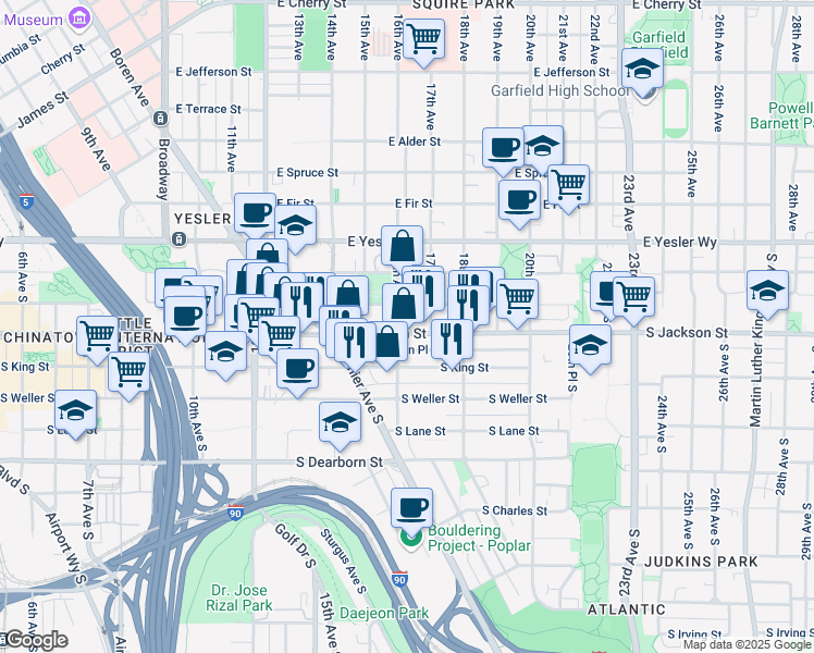 map of restaurants, bars, coffee shops, grocery stores, and more near 1600 South Jackson Street in Seattle