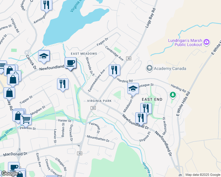 map of restaurants, bars, coffee shops, grocery stores, and more near 40 Rutledge Crescent in St. John's