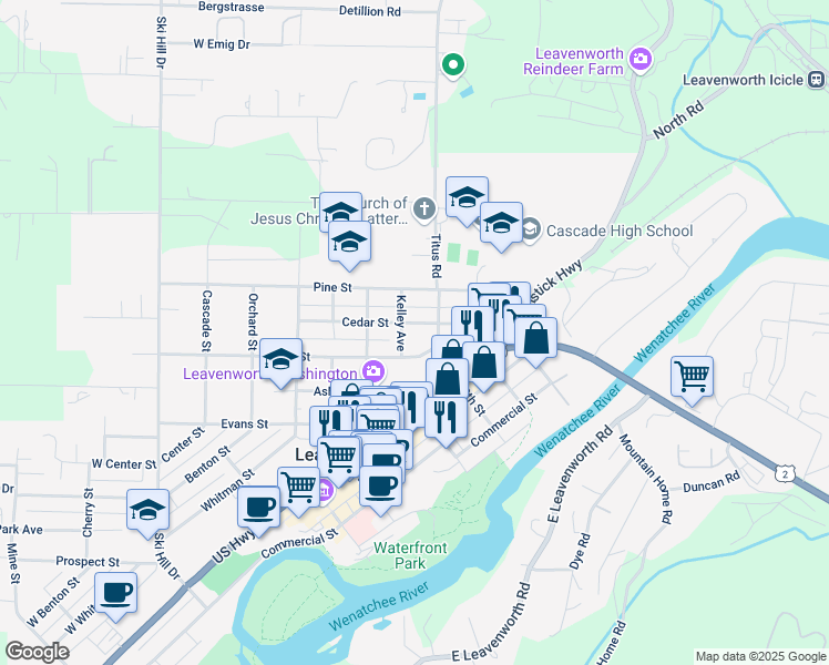 map of restaurants, bars, coffee shops, grocery stores, and more near 711 Cedar Street in Leavenworth