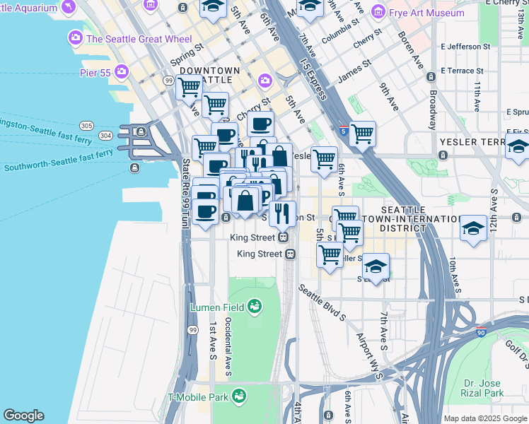 map of restaurants, bars, coffee shops, grocery stores, and more near 210 South Jackson Street in Seattle