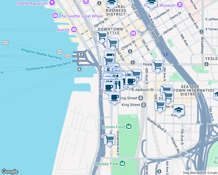 map of restaurants, bars, coffee shops, grocery stores, and more near 126 South Jackson Street in Seattle