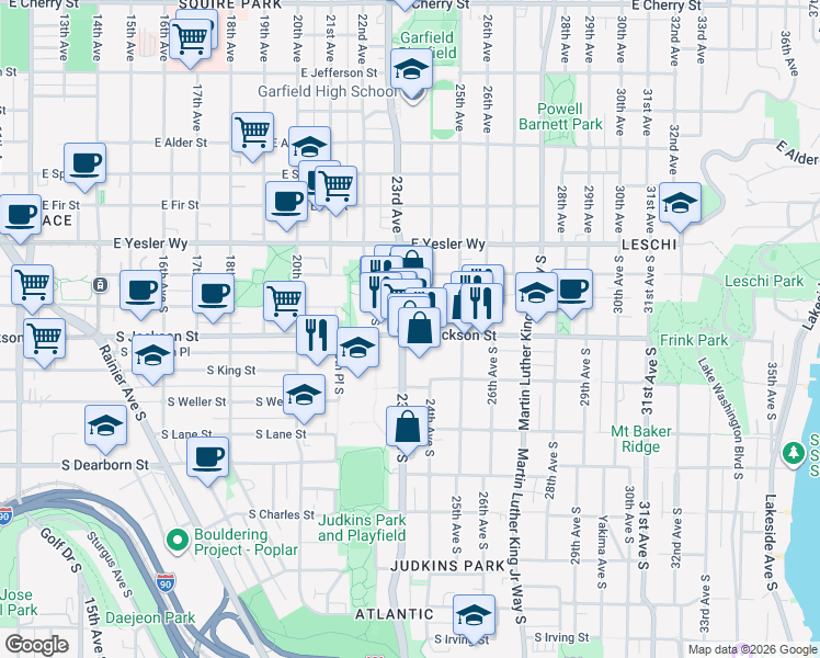 map of restaurants, bars, coffee shops, grocery stores, and more near 2307 South Jackson Street in Seattle