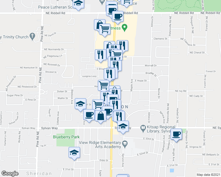 map of restaurants, bars, coffee shops, grocery stores, and more near 3891 Washington 303 in Bremerton