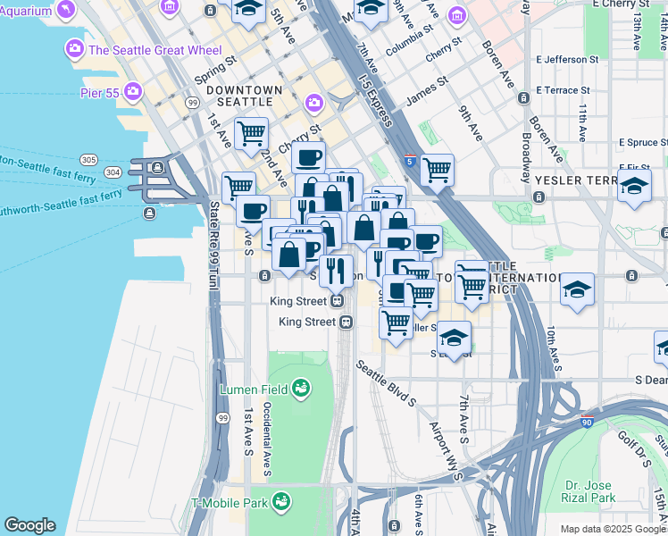 map of restaurants, bars, coffee shops, grocery stores, and more near 316 South Jackson Street in Seattle